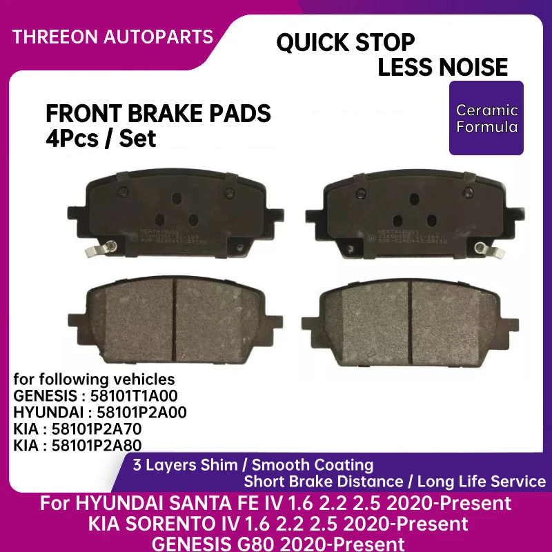 THREEON Front Ceramic Brake Pads for HYUNDAI SANTA FE IV 1.6 2.2 2.5 KIA SORENTO IV GENESIS G80 2020-Present 58101P2A70 TO1350-F