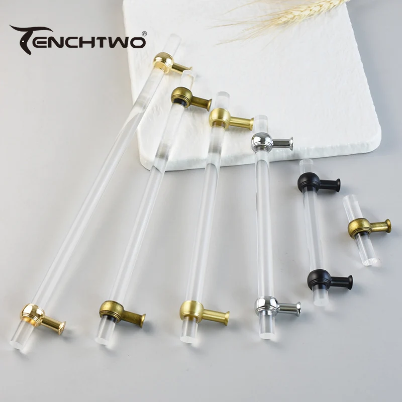 TENCHTWO Various Sizes Acrylic T Bar Handle Drawer Door Knobs Bathroom Furniture Handle Golden Kitchen Cabinet Pulls Wholesale