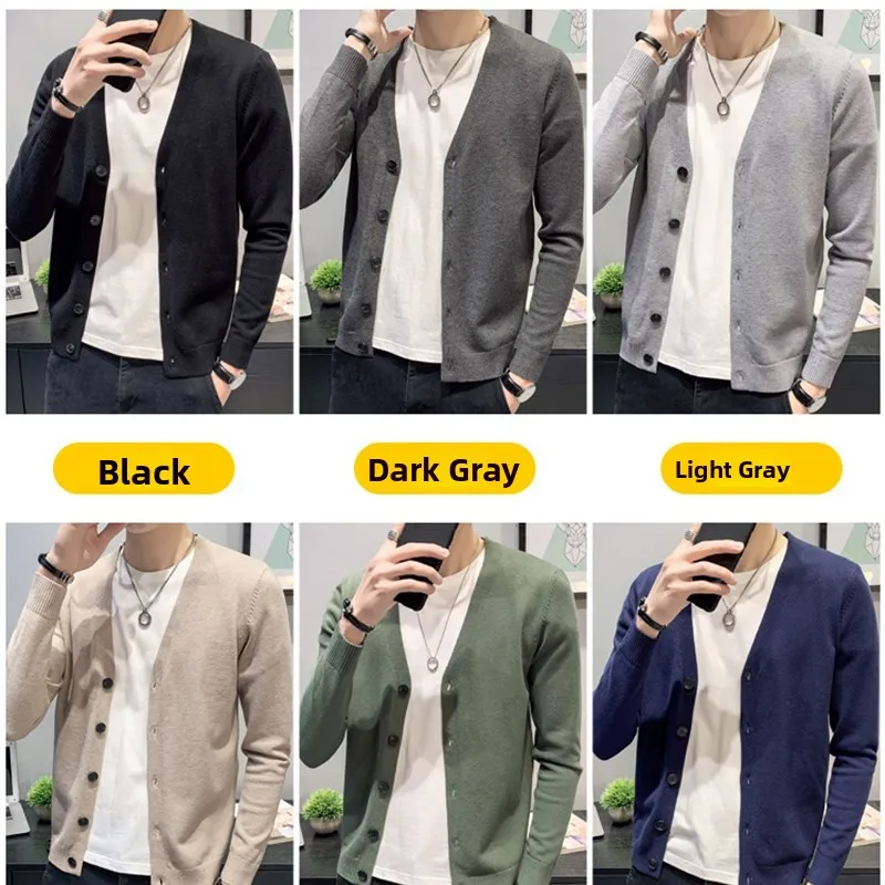 

Мужской вязаный кардиган с V-образным вырезом, легкий повседневный черный свитер, модная верхняя одежда для весны и осени, дышащий, приятный к телу