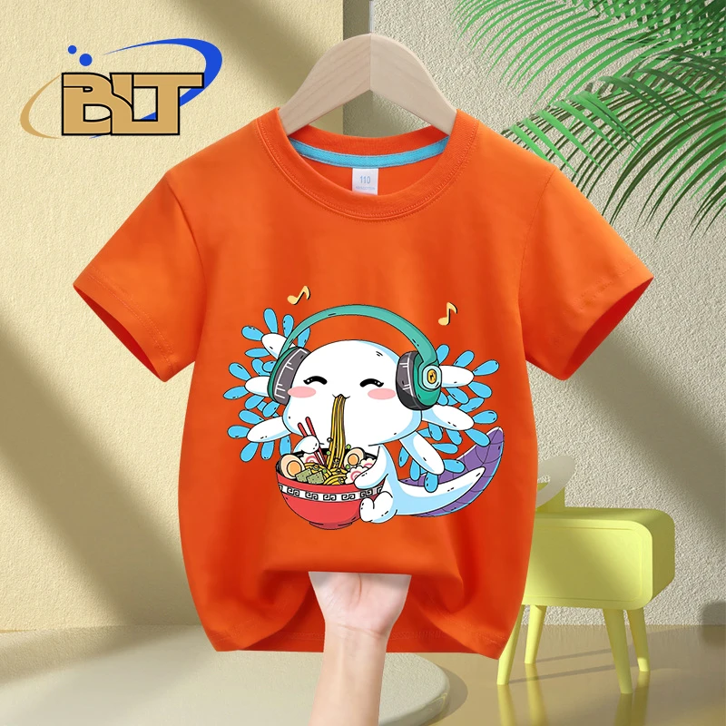 Camiseta con estampado de dibujos animados Axolotl para niños, tops informales de manga corta de algodón para niños y niñas, Verano