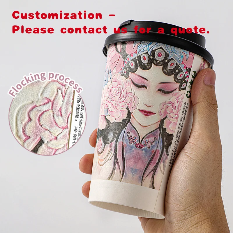 custom.LOKYO Pla Flocking Degradable Take Away 8oz 16oz Disposable 3D Single Double Wall Hot Chocolate Cocoa Coffee Paper Cups