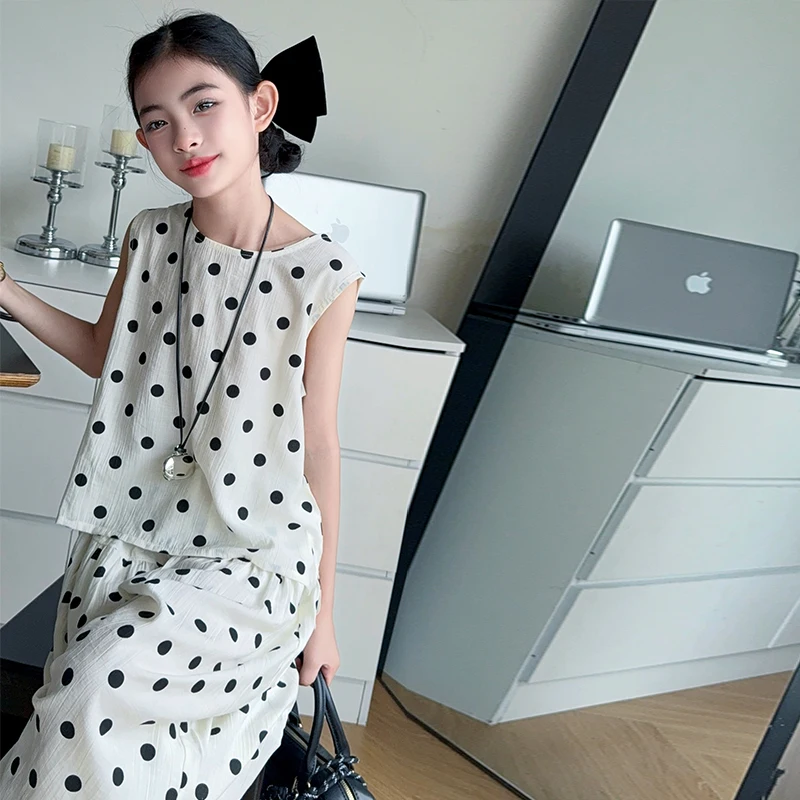 New Girl Clothes Sets Simple Style Polka Dot 2-Piece Junior Girls Vest Pants Suit Korean Casual Daily Outfit For Teens Kids  123