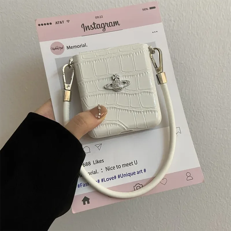 

Luxury White Crocodile Style Flip Case For Samsung Z Flip 6 5 Oppo N2 N3flip/Xiaomi Mix Flip Cover With 3d Glitter Planet Deco