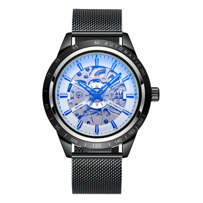 Men’s *Automatic Mechanical Watch Mesh Strap Skeleton Dial Luminous Transparent Case Luxury Wristwatch