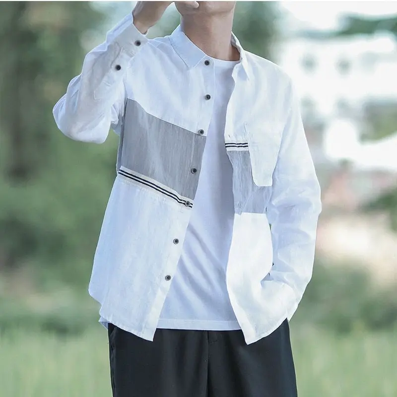 Loose Pocket Button Montage Trend Personality Stripe Color Block Ventilate Young Style Street Casual Men's Shirt Autumn 2024