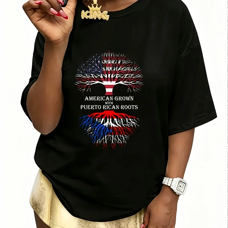 American with Puerto Rican Roots Women's 100% Cotton T-Shirt Fun Print Short Sleeve Top Casual Round Neck Tee S-5Xl