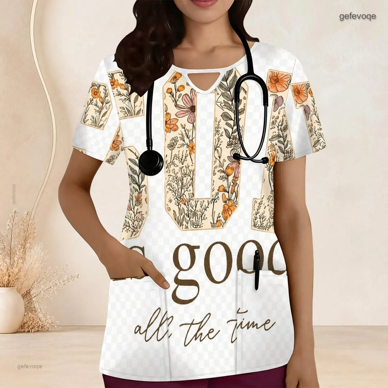 Women Scrub Top with Print Keyhole Neck Short Sleeve Front Pockets