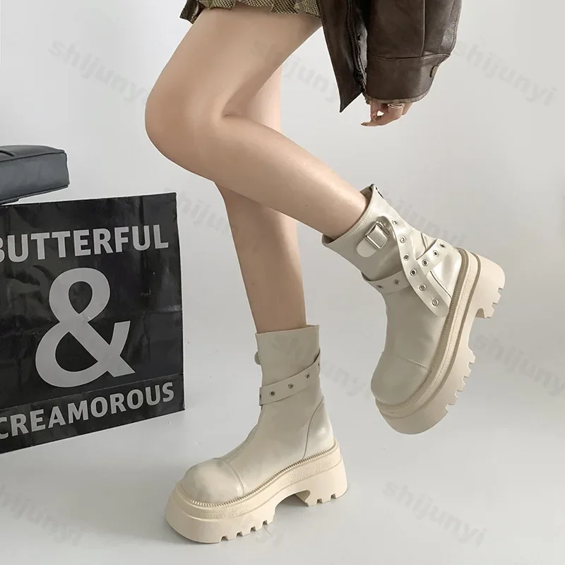 

High Quality Women's Leather Ankle Boots Fashion Retro Belt Buckle Chunky Women's Boots Outdoor Anti Slip Boots Botas Para Mujer