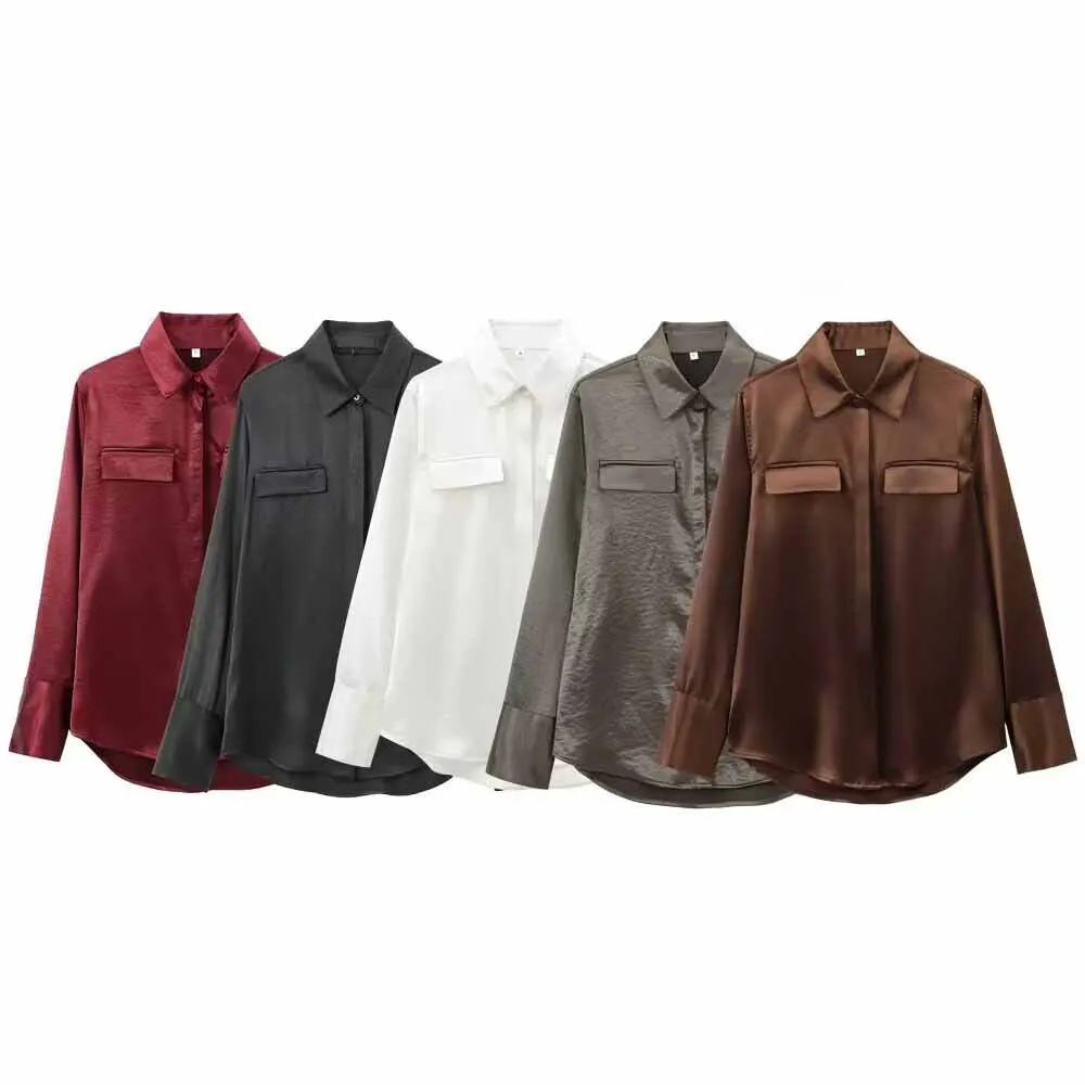 

Women's new fashion flip decoration casual versatile satin texture shirt retro long sleeved button up women's shirt chic top