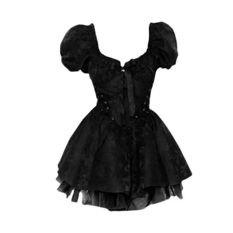 Gothic Black Mini Dress Women Vintage Sexy Spaghetti Strap High Waist Dresses 90s Punk Grunge Party Club Lolita Dress Y2k