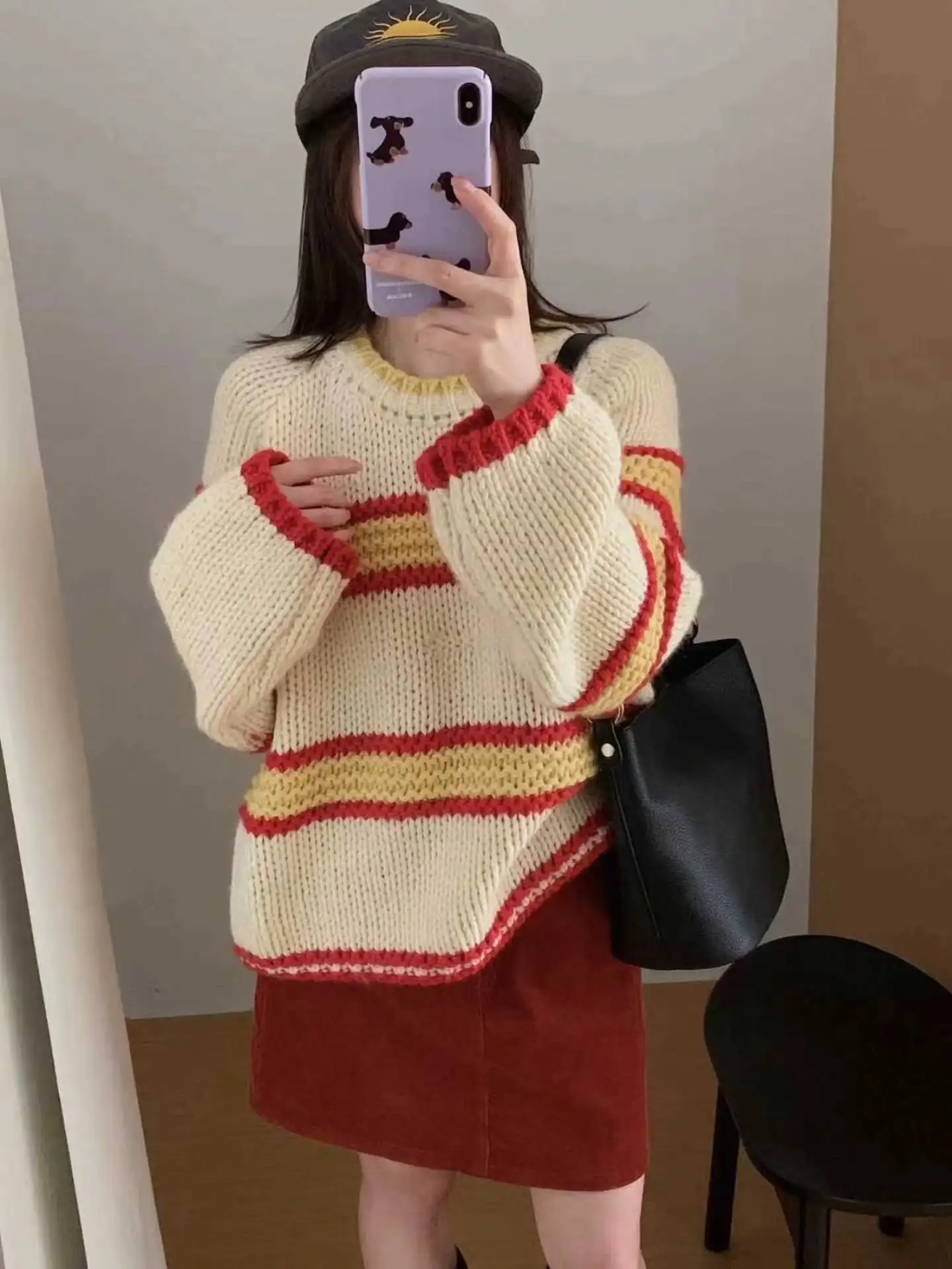 Chic Loose Long Sleeve Knitted Sweater round Neck Striped Autumn Winter New Style Women's Regular Fit Comfortable Casual Sweater