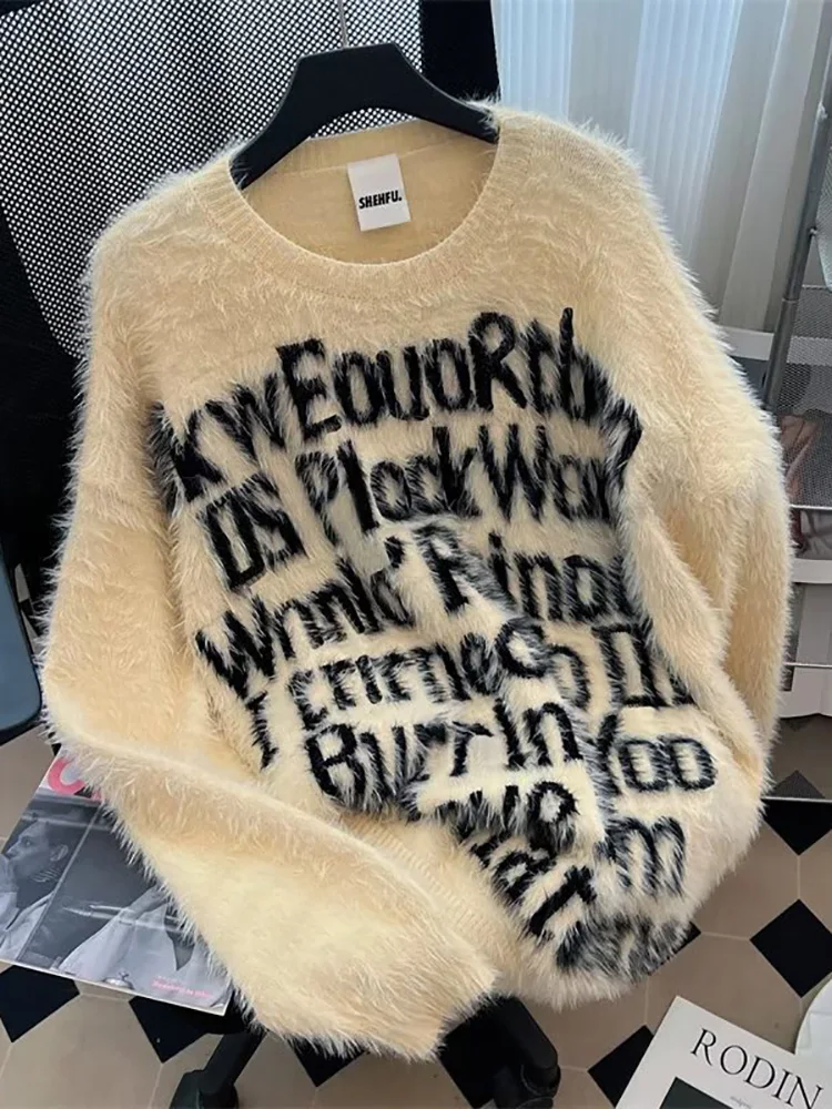 

Мужской вязаный свитер с вышивкой в американском стиле, осенне-зимний, в стиле INS, для пар, корейская версия, из норкового бархата