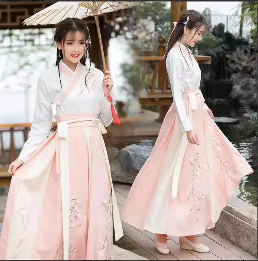 2023 chinesische Hanfu weibliche fee Kostüm Erwachsene Student Ming Tang Han Frauen stil Mädchen stickerei Sarong Täglichen Kragen Anzug Set