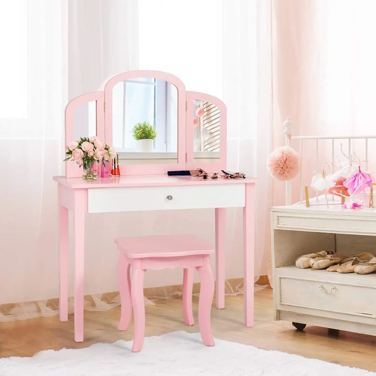 Kids Vanity Table, Princess Makeup Dressing Table with Drawer Folding Mirror, 2-in-1 Vanity Set with Detachable To