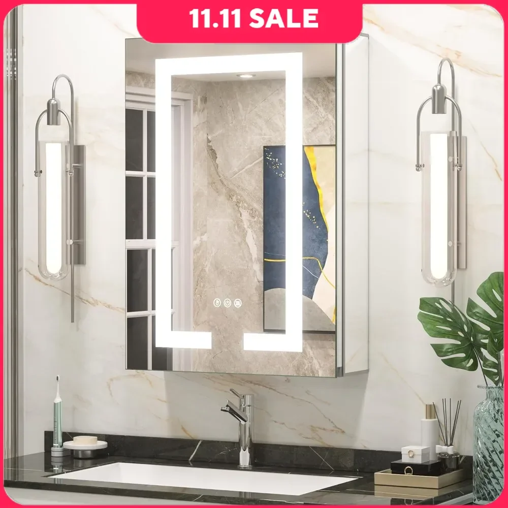 

16X24 Inch Bath Mirror, Medicine Cabinet W/ LED Mirror & Electrical Outlet, 3 Color Lights Anti-Fog Dimmable, Bathroom Mirror
