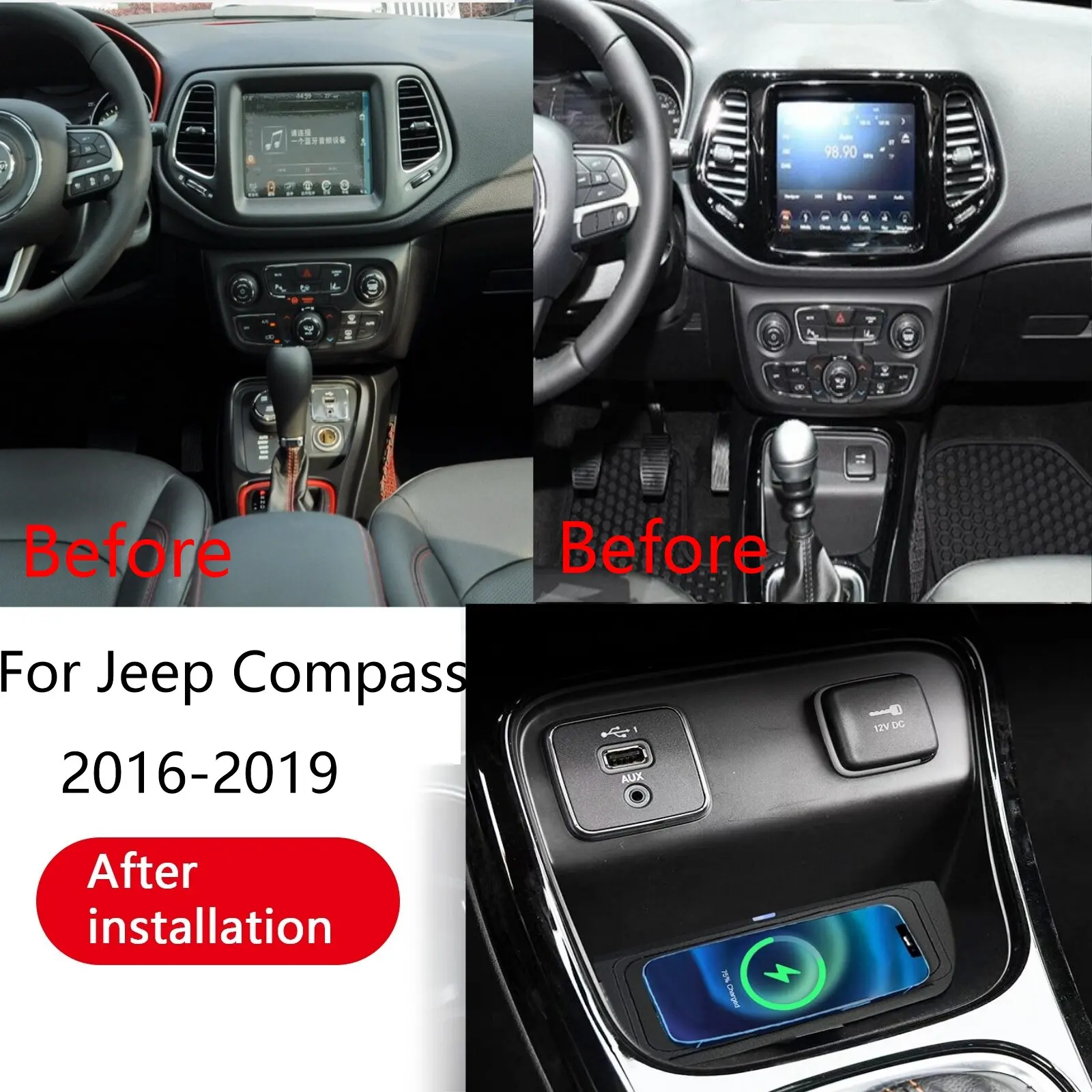 Carregador de Telefone para Console Central de Carro 2 DIN para Jeep Compass 2016 2017 2018 2019, Carregador Rápido Sem Fio, Placa de Carregamento, Su