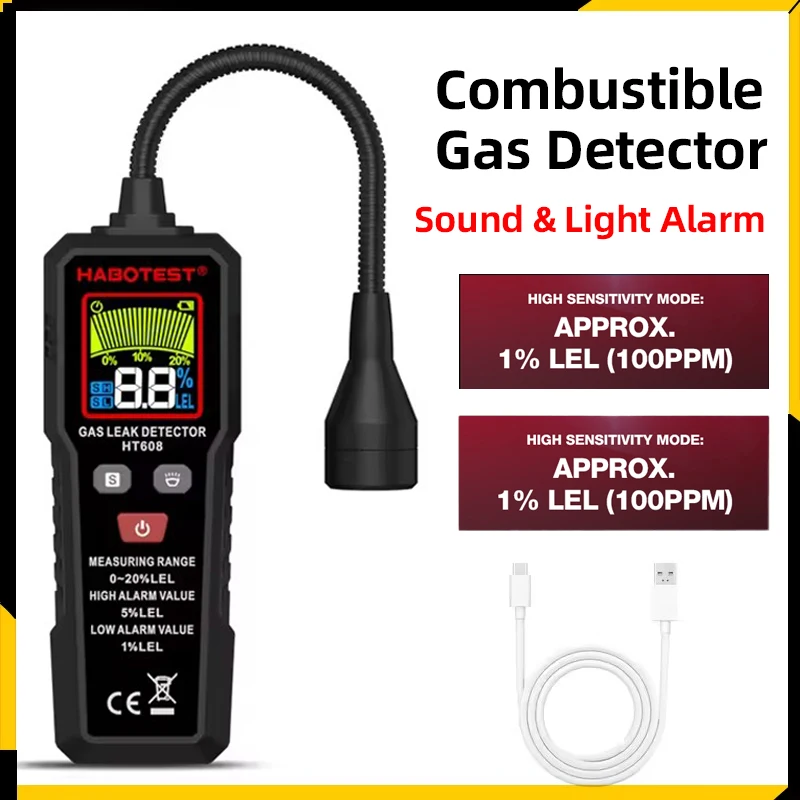 HT608 Type-C Charging Natural Gas Leak Detector Sound & Light Alarm Combustible Flammable Methane Gas Leak Detector 100-10000PPM