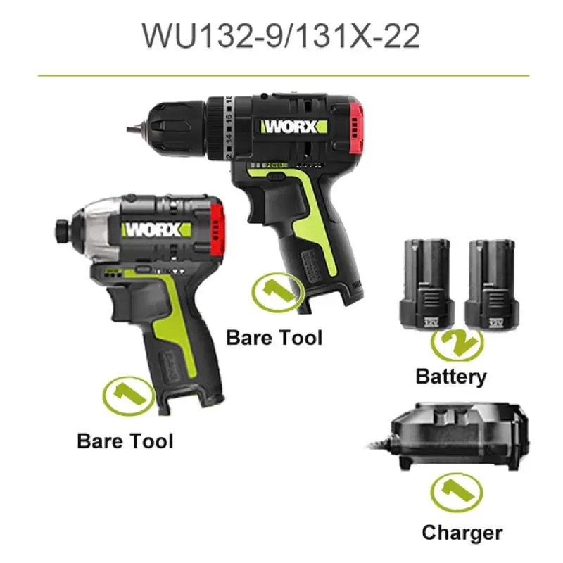 Comba WORX WU131+WU132  Brushless Motor 140N.m Cordless Impact driver+drill tool 12V Battery Premium quality Electric tooll