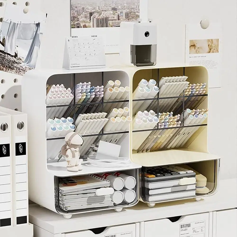 서랍이 있는 플라스틱 경사 펜꽂이, 대용량 경사 데스크탑 보관함, 내구성 방진 데스크탑 잡화 보관 랙