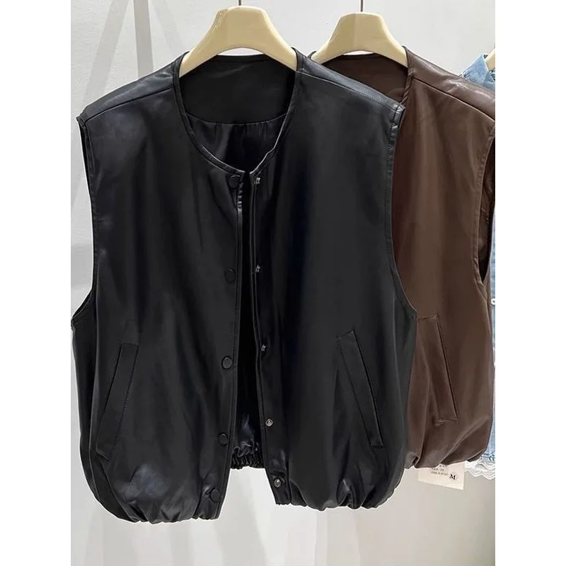

Женский жилет из искусственной кожи без рукавов на пуговицах с карманами, повседневный стиль