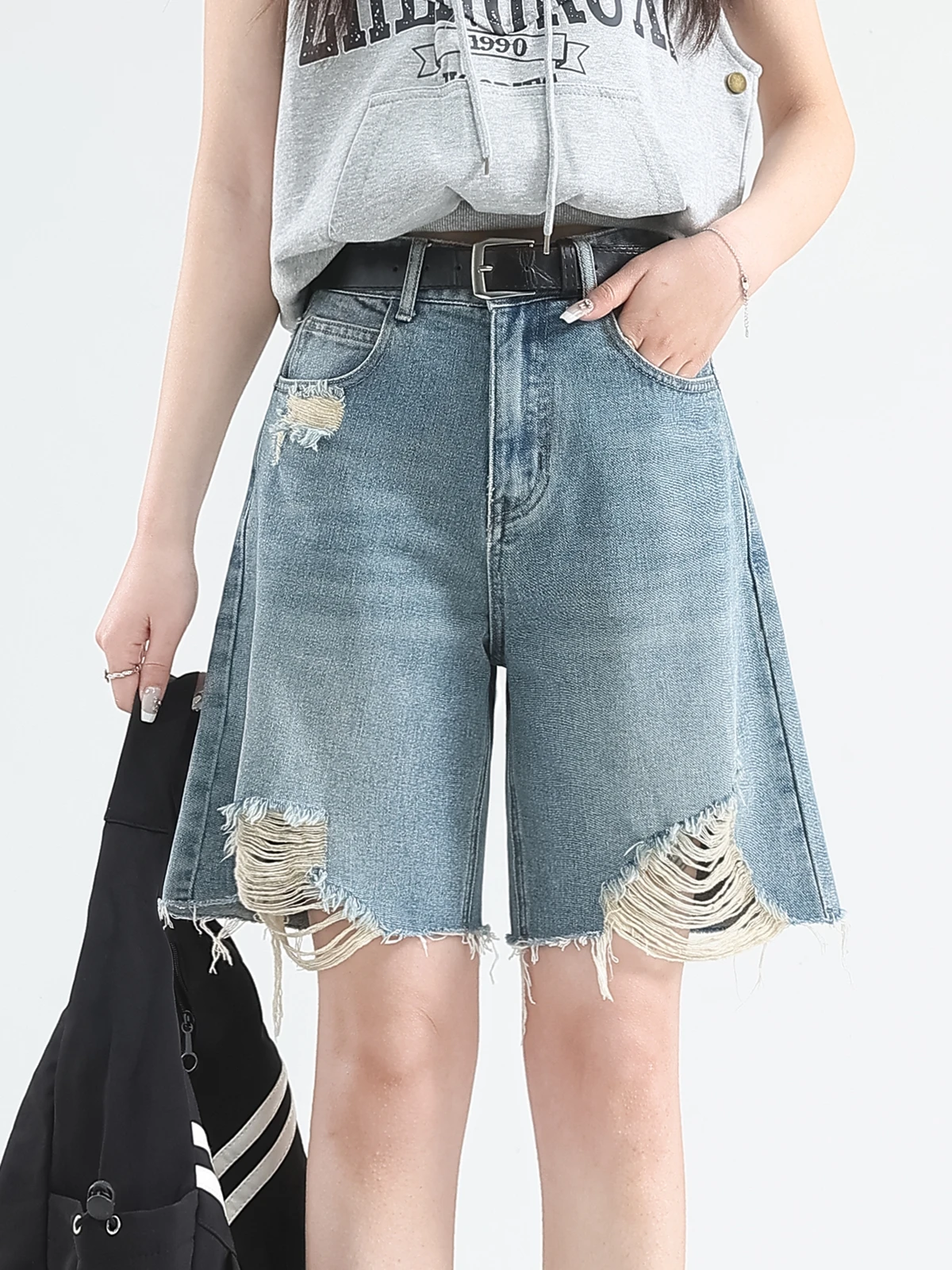 

ZHISILAO New Ripped Knee Length Denim Shorts Summer 2025 Vintage Casual High Waist Jeans Shorts Streetwear
