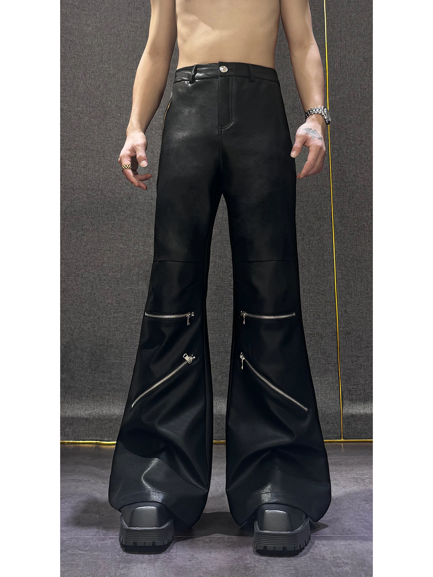 2025 New Fashion Trend Heavy Stitching Knee Zipper Flared Pants High-end Design Unique Personality Long Pants for Men