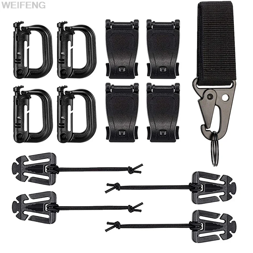 

13KIts Tactical Molle Accessories Kits for Backpack Vest D-Ring Grimloc Locking Gear Clip Webbing Strap Elastic Buckle Keychain