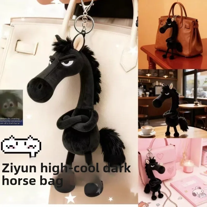 Cute Angry Black Horse Plush Keychain with Sweater Cartoon Animal Bag Charm Soft Stuffed Doll Pendant