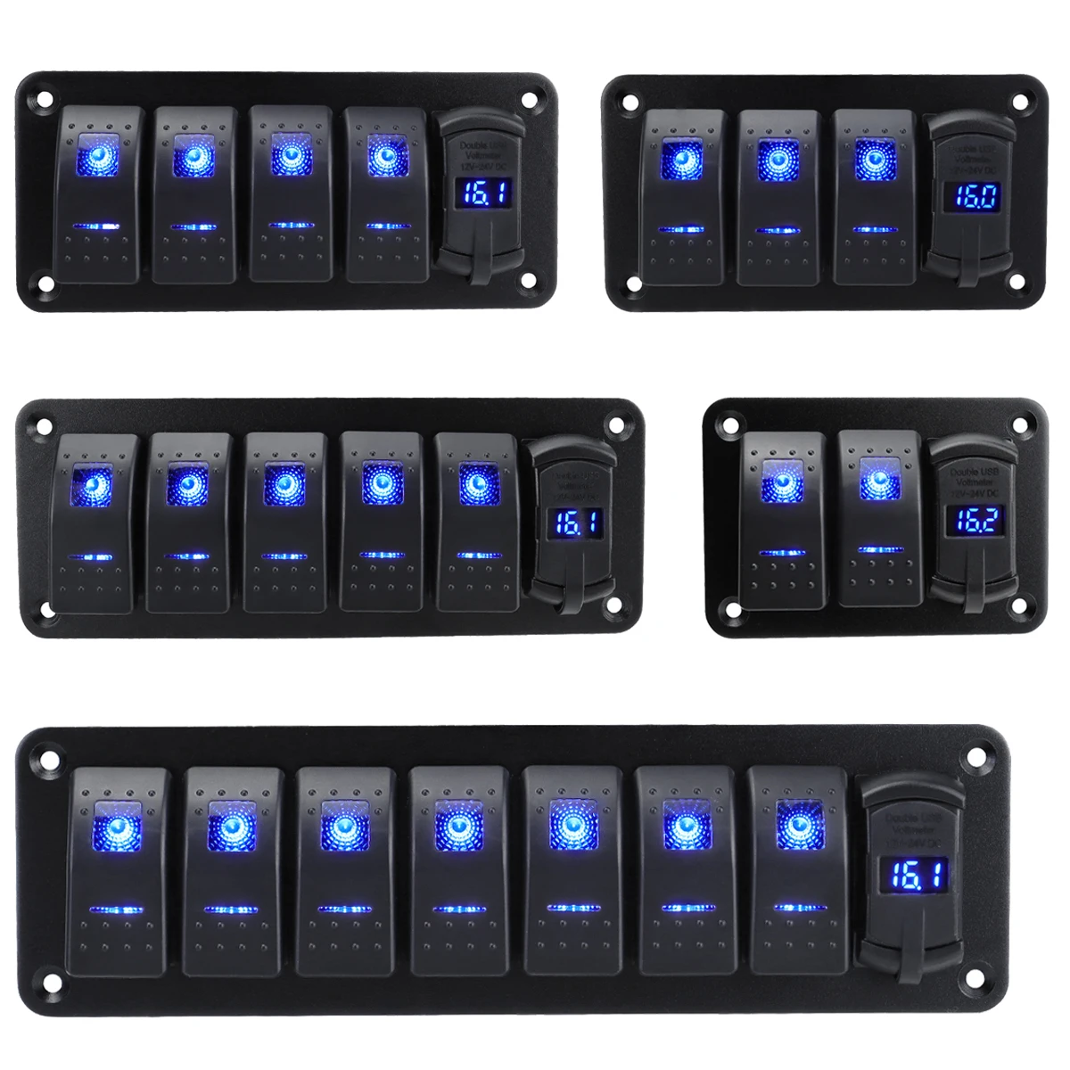 Painel de interruptores de controle marítimo 12V 24V DC com 3/4/5/6/8 conjuntos, com carregador USB duplo de 4.8A e adesivo, azul