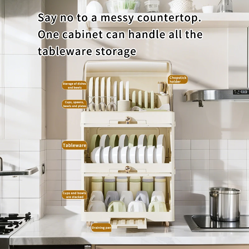 منظم أطباق بلاستيكي شفاف متعدد الوظائف مع غطاء - منظم أطباق متعدد الطبقات - حامل أطباق قابل للتكديس يناسب الخزائن القياسية - حل موفر للمساحة لغرفة المخزن/الطعام