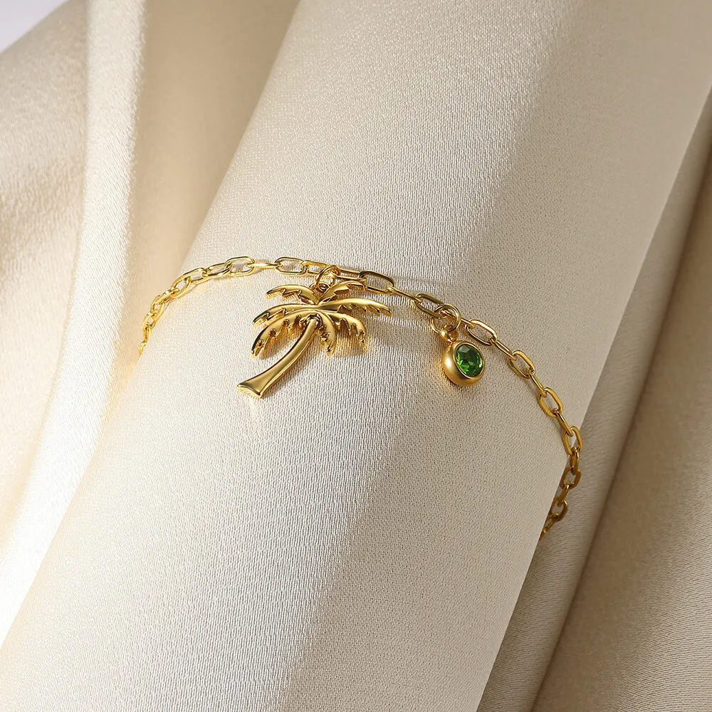 Coconut Palm Tree Birthstone Anklet Gold Plated Stainless Steel Chain Anklets For Women Summer Jewelry Birthday Gift