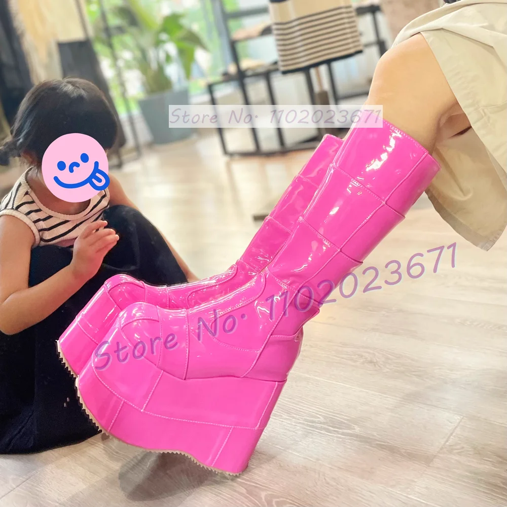 High Platform Patchwork Long Boots Women Round Toe Rainbow Laser Patent Leather Lolita Shoes Women Mixed Colors Knee High Boots