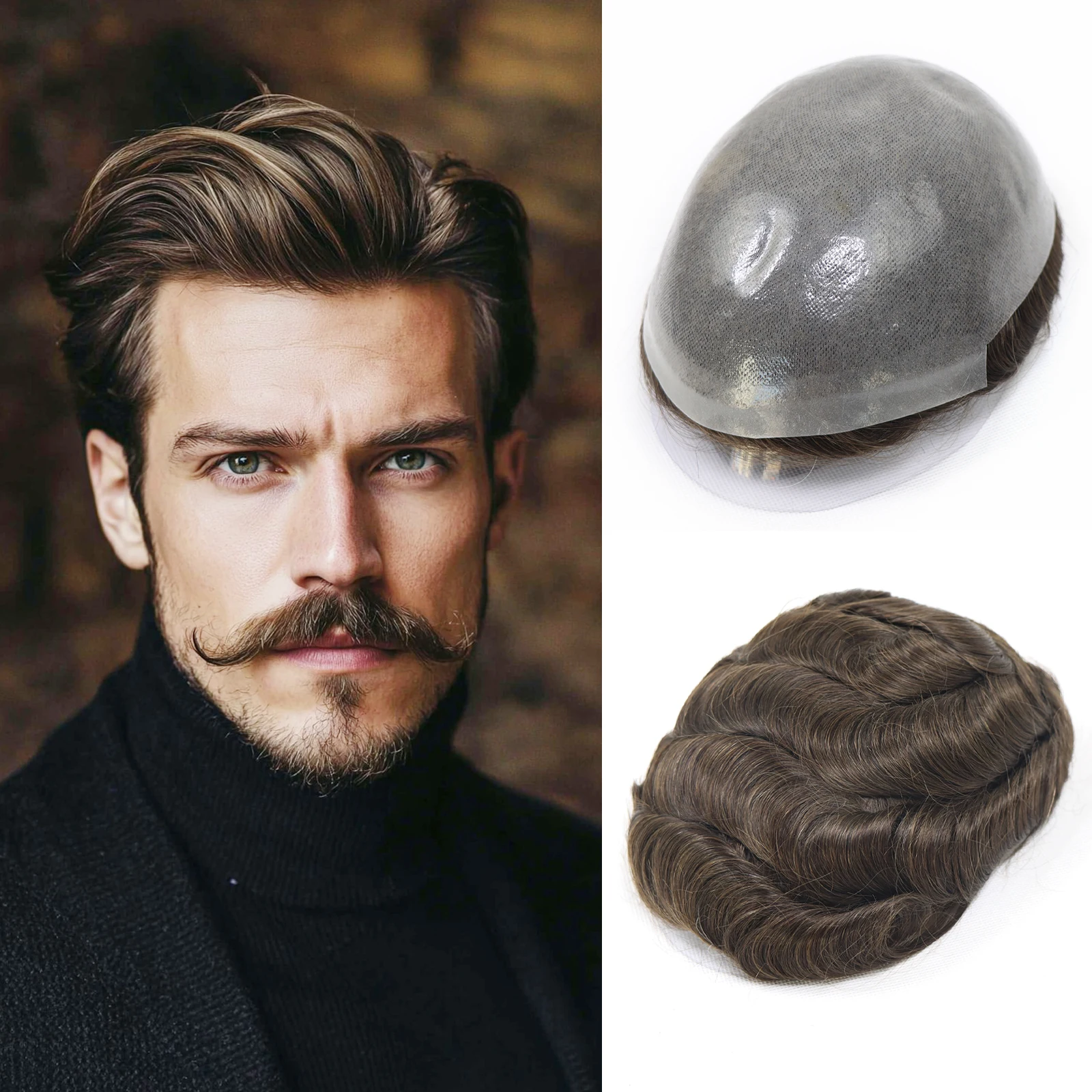 Perruque postiche marron pour hommes, Base en PU, 8x10 pouces, aspect naturel, toupet de remplacement de cheveux 100% naturels, 0.06-0.08mm