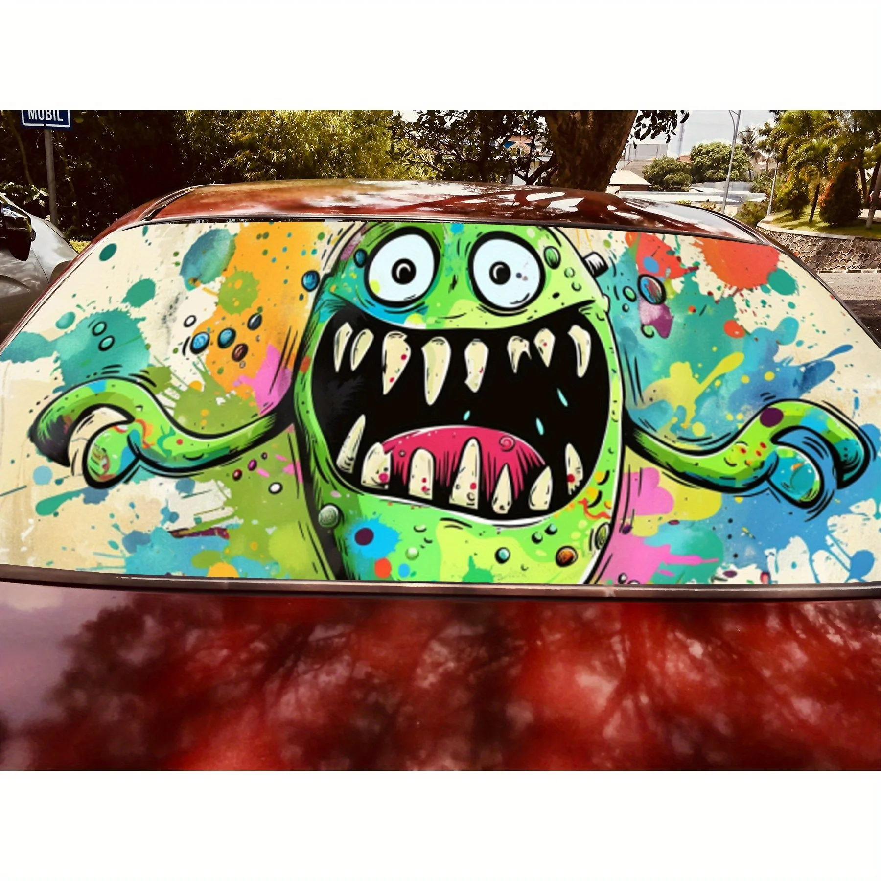 يلتف الفينيل المثقوبة من مادة PVC على شكل وحش أخضر من Joyful، ملصق زجاج خلفي متين للسيارة، مقاوم للماء للزجاج الأمامي للسيارة #5