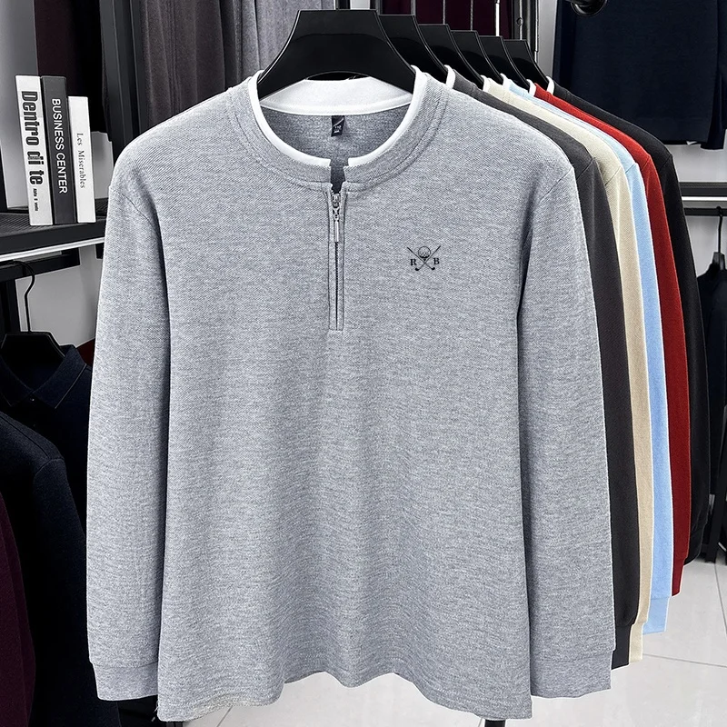 Designer-Marke, 100 % Baumwolle, weiches Herren-T-Shirt mit Stehkragen, im Look eines zweiteiligen Outfits, langärmelig, mit halbem Reißverschluss, ideal für den Alltag, vielseitige Herrenbekleidung. – Detail 6