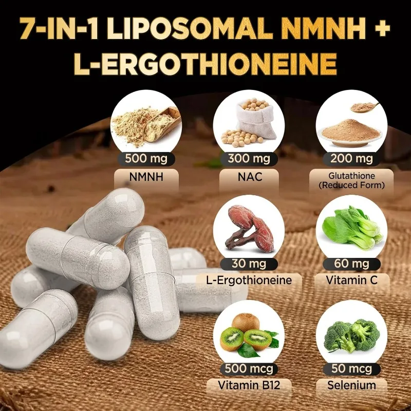 Liposomal NAD Containing Ergothionein NAC, Glutathione, Vitamin C, and Selenium - Anti-aging, Antioxidant, 60 Capsules