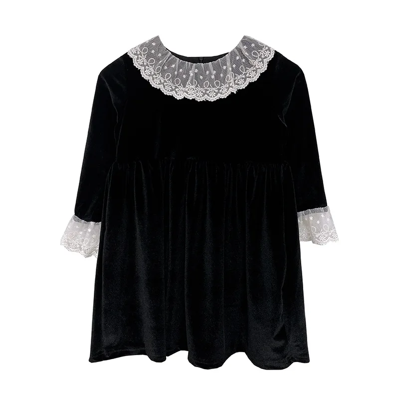 الخريف الشتاء فتاة المدرسة رشاقته فستان بكم طويل الأطفال فتاة تفريغ الدانتيل فستان حلو صغار فتاة الرجعية فستان كاجوال