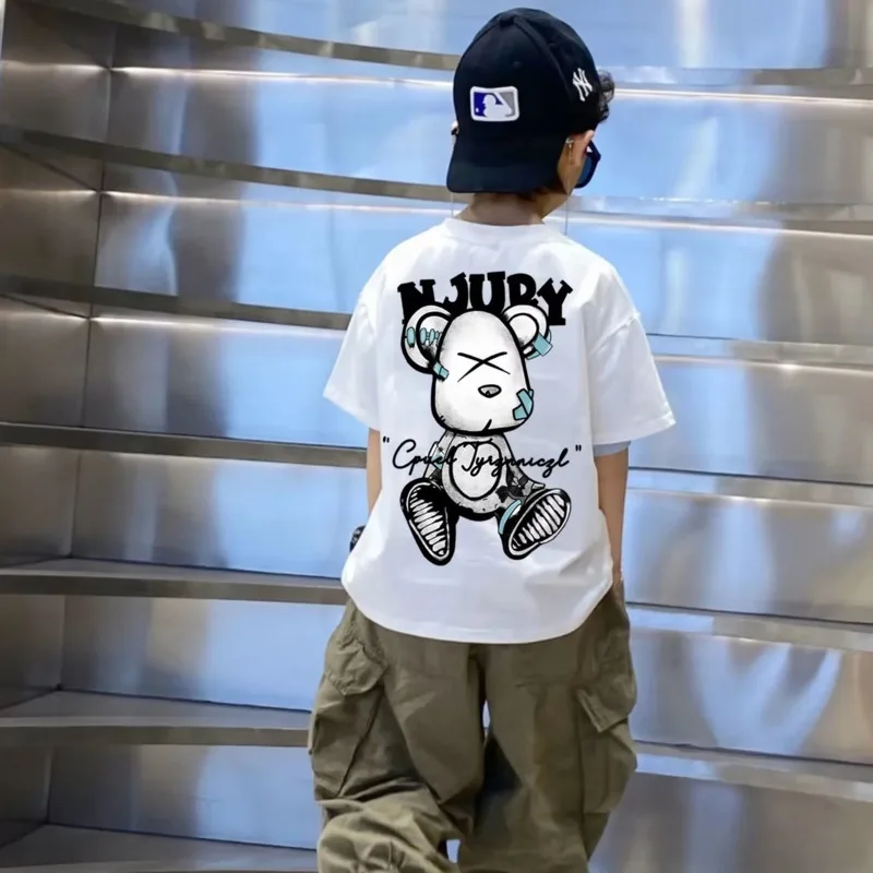 Literacki krótki rękaw prosty okrągły dekolt leniwy Trend odzież dziecięca letnia prosta rurka t-shirt nowy Trend w modzie