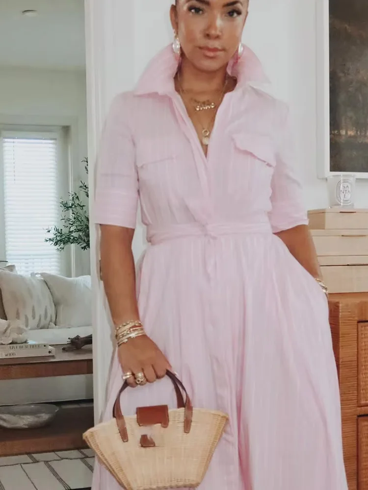 HH-vestido Midi de manga corta con cinturón de solapa holgado para mujer, vestido largo Sexy liso con bolsillo elegante, novedad de verano 2025