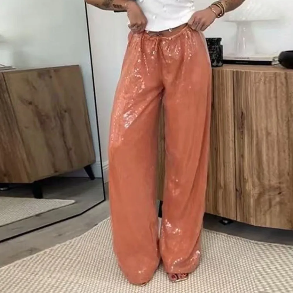Chic Drawstring High Waist Sequin Pants Loose Solid Color Wide Leg Pants Long Length Casual Trousers for Women