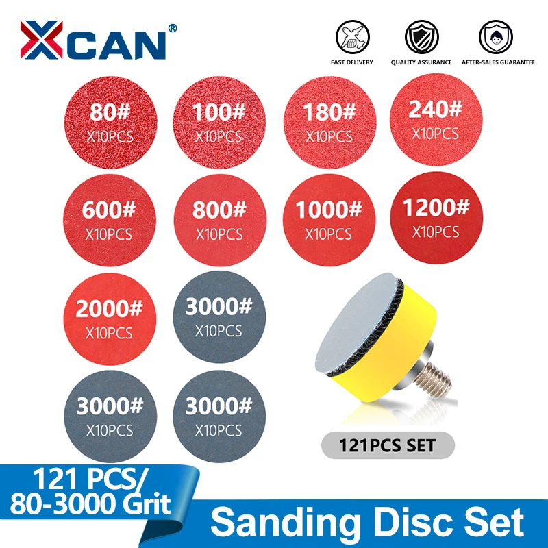 XCAN Sanding Discs Pads Set 80-3000 Grit Sandpaper Disc Hook loop with Disk Pole Cushion 1 Inch Abrasive Polish Wheel