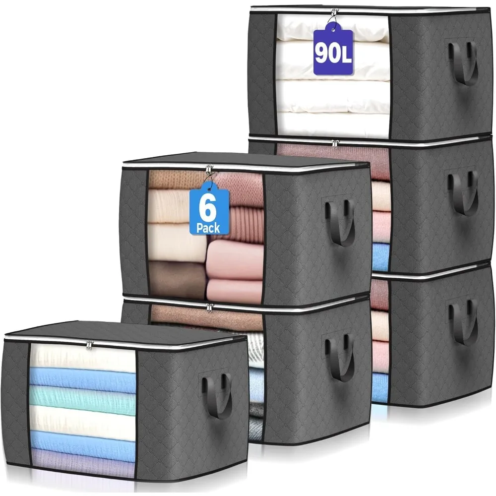 

90 L Large Storage Bags, 6 Pack Clothes Storage Bins Foldable Closet Organizers Storage Containers with Reinforced Handle for Cl