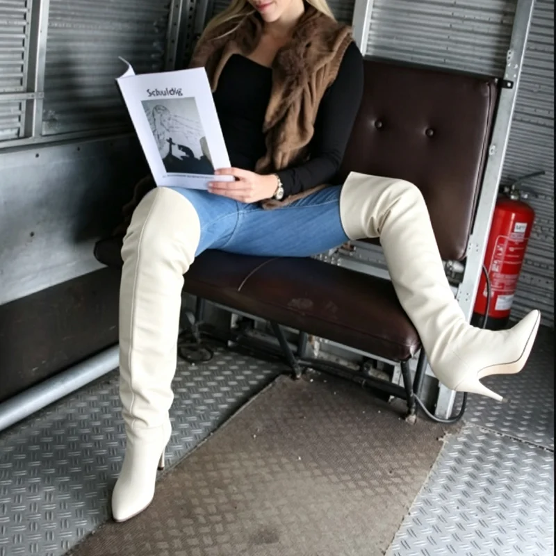 Solid Over Knee High Leather Boots Pointed Toe Thin High Heel Fashionable Sexy Cool Western Summer Woman Shoes Zapatillas Mujer