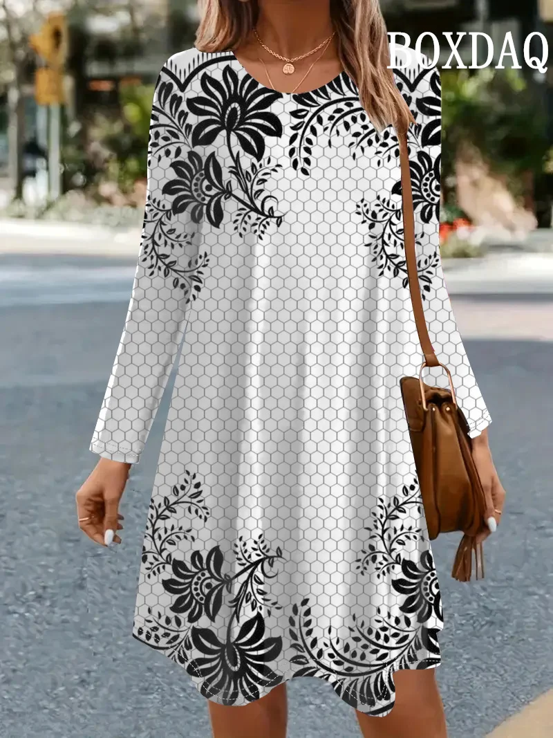 Women Casual O Neck Mini Dress Elegant Retro Printed Long Sleeve Casual Loose A-Line Dress Ladies Fashion Autumn Dresses Vestido