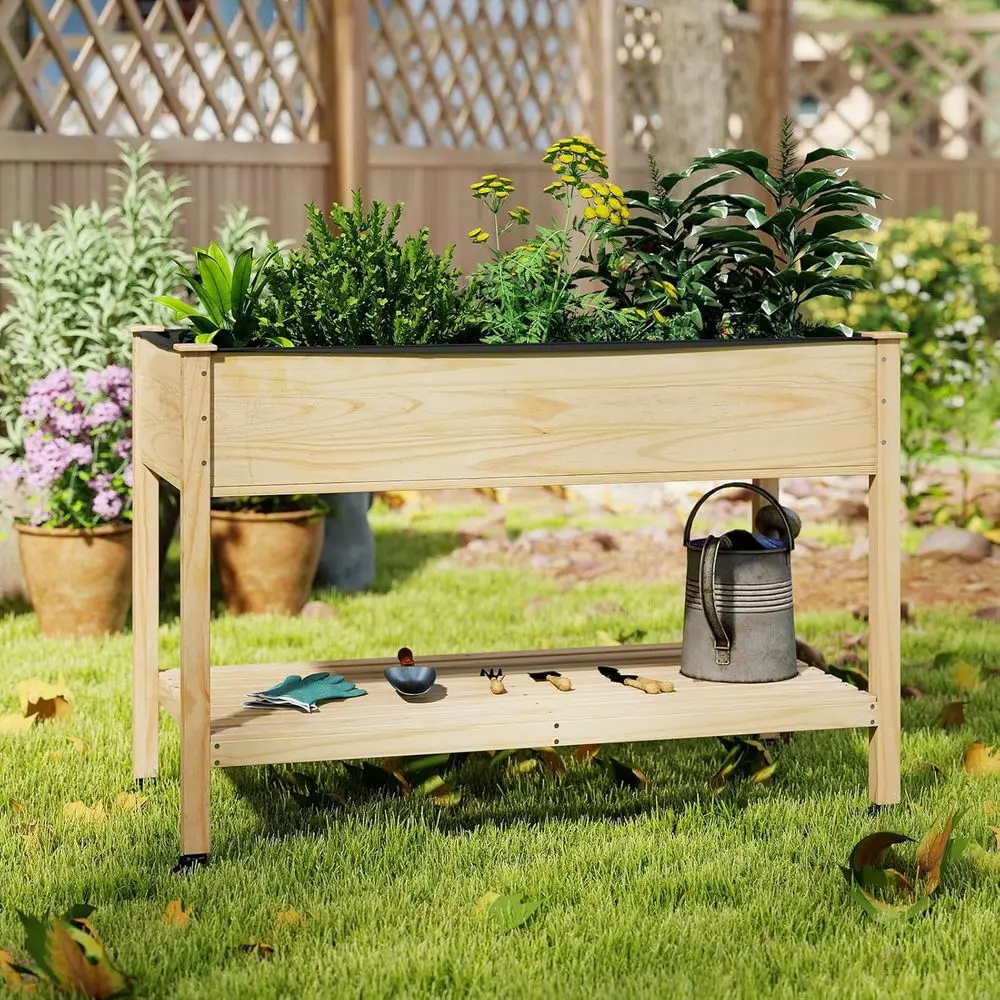 

Raised Wooden Garden Bed with Wheels, Elevated Planter Box, Storage Shelf, Liner & Drainage Holes, Suitable for Indoor and Outdo