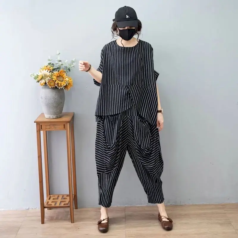 Fashion Retro Loose T Shirt Sets Women Summer 2024 New Casual Irregular Suits Bat Short Sleeve T-shirt And Pants Two Piece Suit