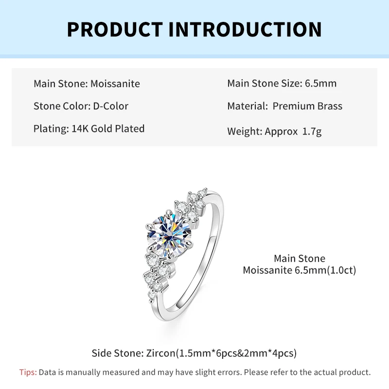 Rrjzz 6,5 mm 1CT runder D-Farb-Moissanit-Ehering für Frauen, GRA-zertifizierter Six-Prong Starburst-Verlobungsring, Schmuckgeschenk – Detail 1