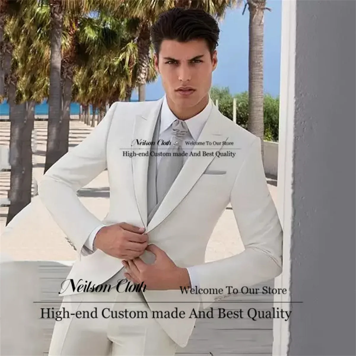 

Fashion White Men Suits Peaked Lapel One Button Groom Wedding Tuxedos 2 Pieces Sets Male Prom Blazers Slim Fit Terno Masculino