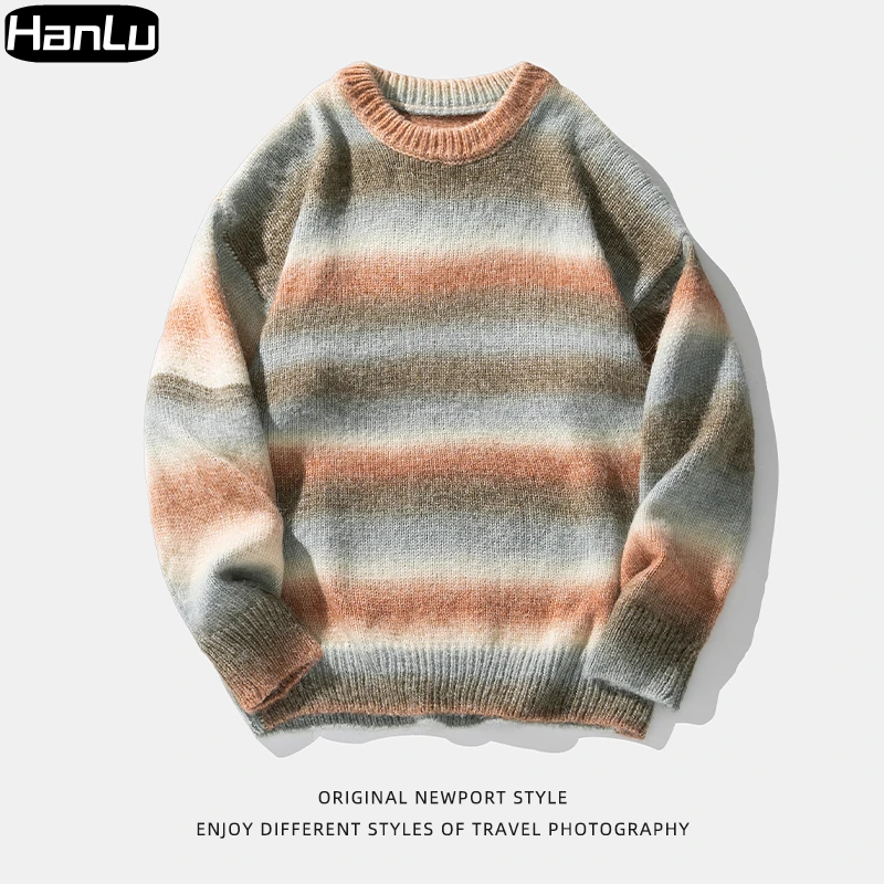 Men\'s Winter Round Neck Casual Sweater Coat Street Dance Couple Knitted Pullover Long Sleeve Y2K Stripe Tie Dyed Sweater Men