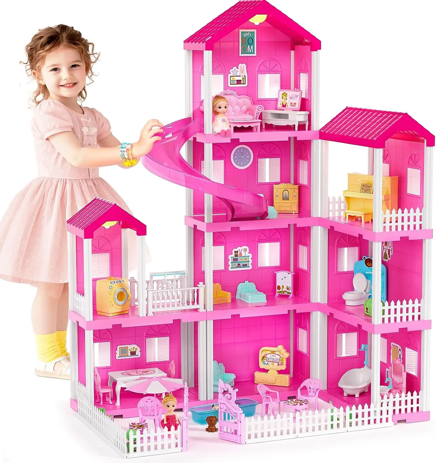 4-Story Doll House with Pool & Slide, Toy Figures, Pet Dogs, Furniture & Accessories, Dream Dollhouse with Light